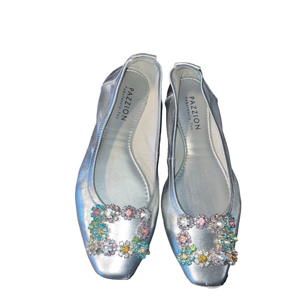 Pazzion Fabulously You Ballet Flats Shoes‎ Women’s 37 Leather Silver Rhinestones